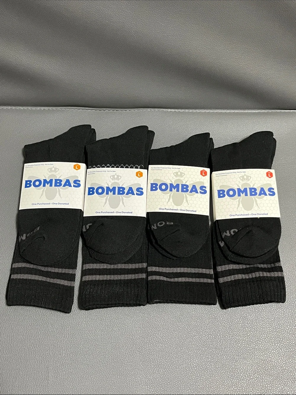 Bombas 4 pack Black Crew Socks with Gray Stripes